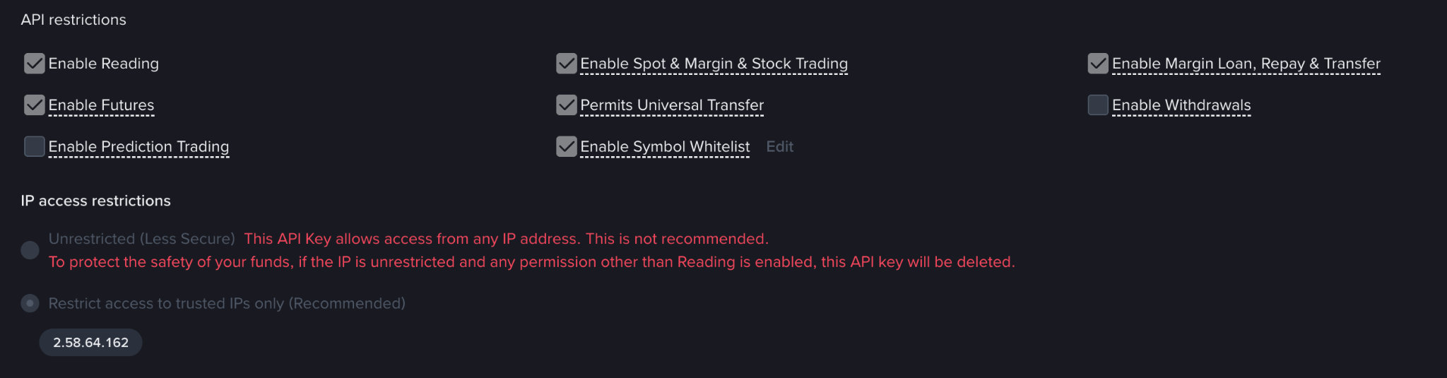Binance API permission checkboxes for futures and spot