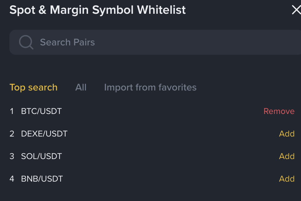 Binance Enable Symbol Whitelist settings