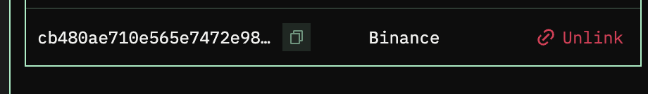 Nabu settings showing Binance as a linked account with an Unlink action