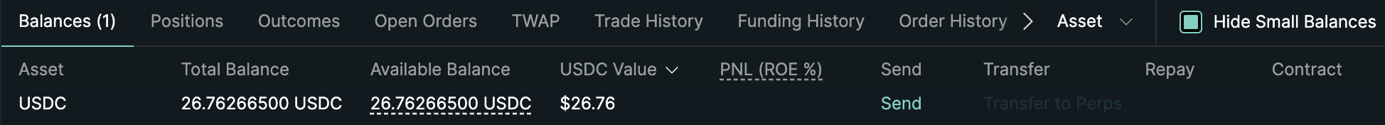 Hyperliquid Balances tab showing deposited funds