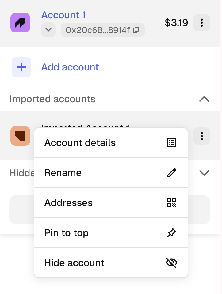 Account menu for the imported wallet account, with Account details highlighted